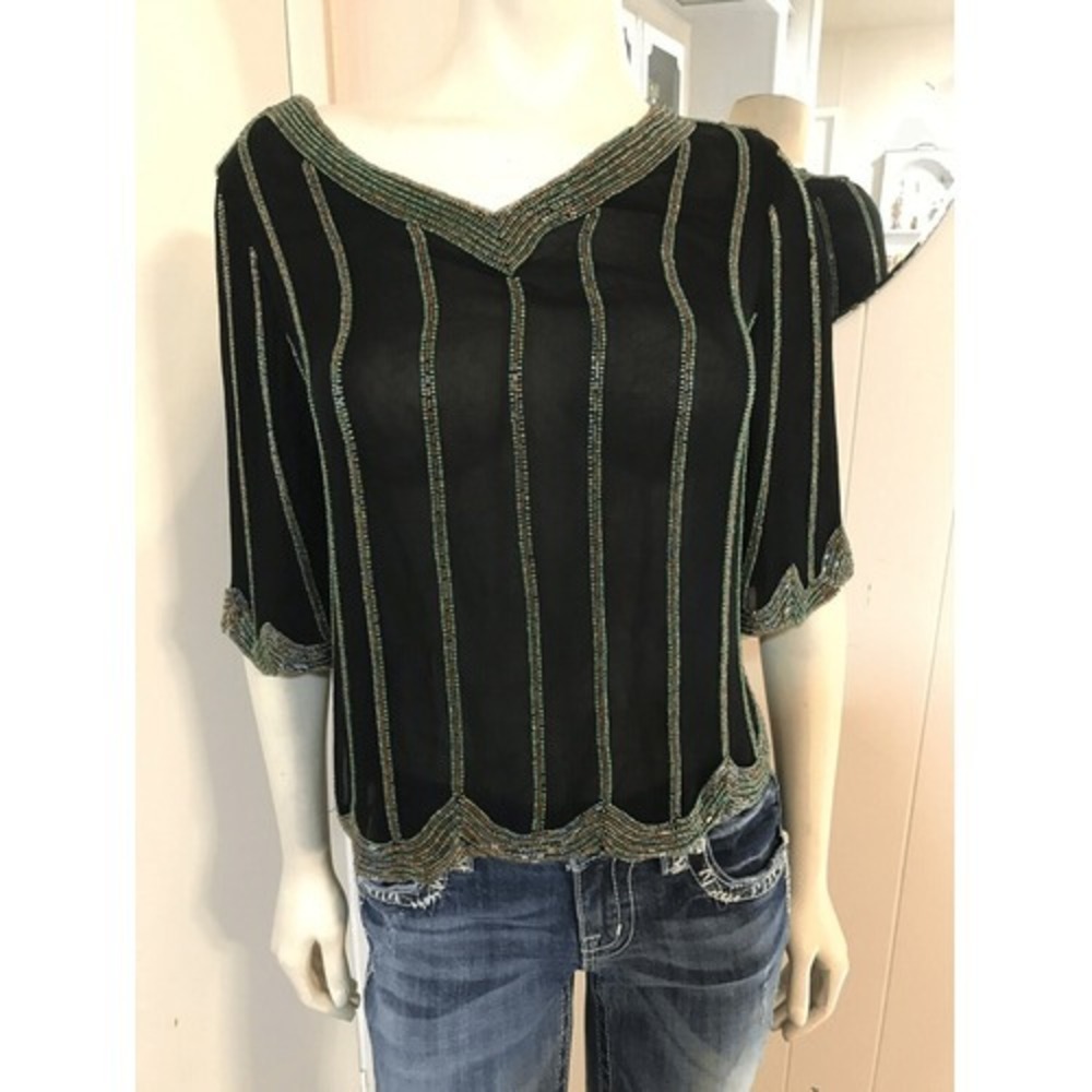 Vintage Judith Ann Creations XS Sheer Black 100% Silk Beaded Short Sleeved Top